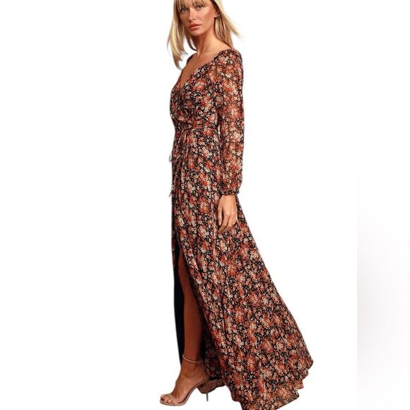 LuLus True To Love Chiffon Wrap Maxi Dress Black Floral Fairy Dark Romantic Chic - Picture 2 of 16